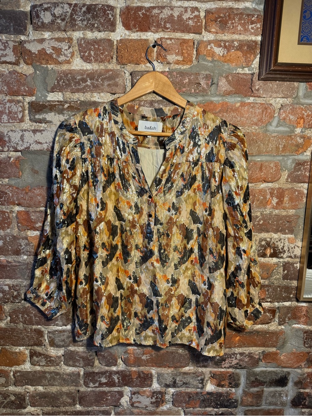 ba&sh Abstract Long Sleeve Blouse in Brown & Black Like New- Silk Blend